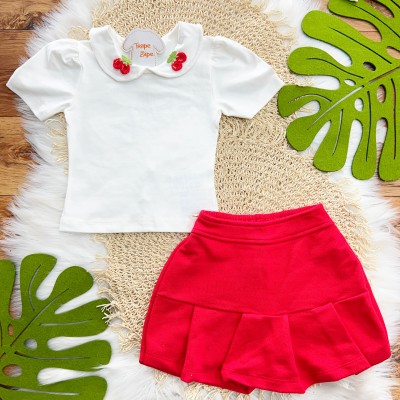 Conj. Blusa Cerejinhas e Short Saia - Off White e Vermelho